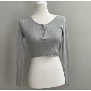 Garage Gray Ribbed Long Sleeve Cropped Henley Top Sz M Snap Buttons Minimalist